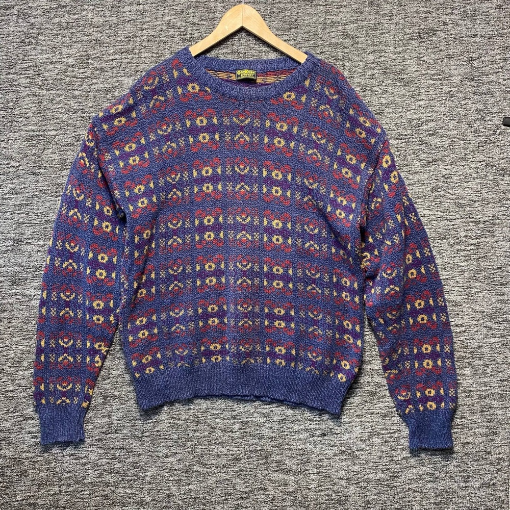 VTG OshKosh B'Gosh Mens Large Sweater Blue Geometric Fair Isle Knit Pullover